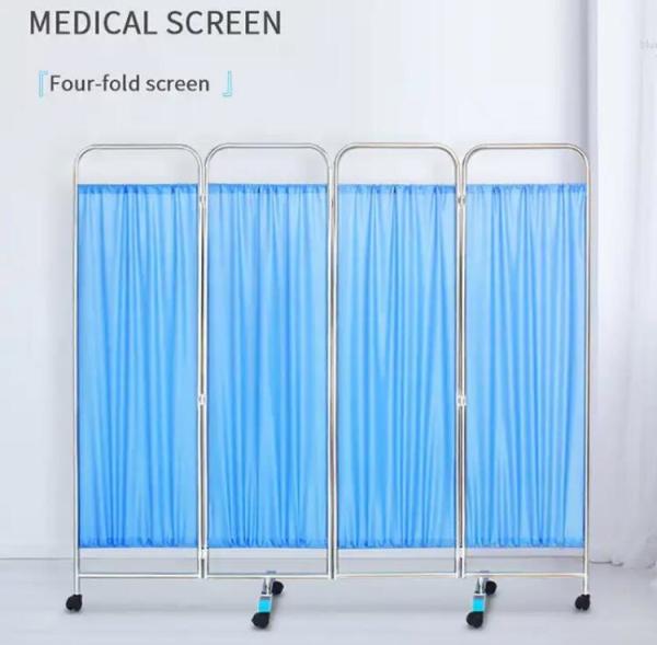 Medical Stainless Steel Movable Hospital Bedside Ward Screen4 Panel Folding Ward Screen With Wheels