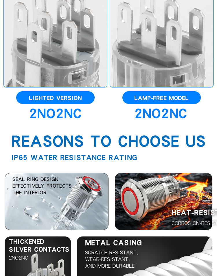 19MM metal button self-reset self-locking with light, two normally open, two normally closed, 6 or 8 pins, round waterproof double-throw switch