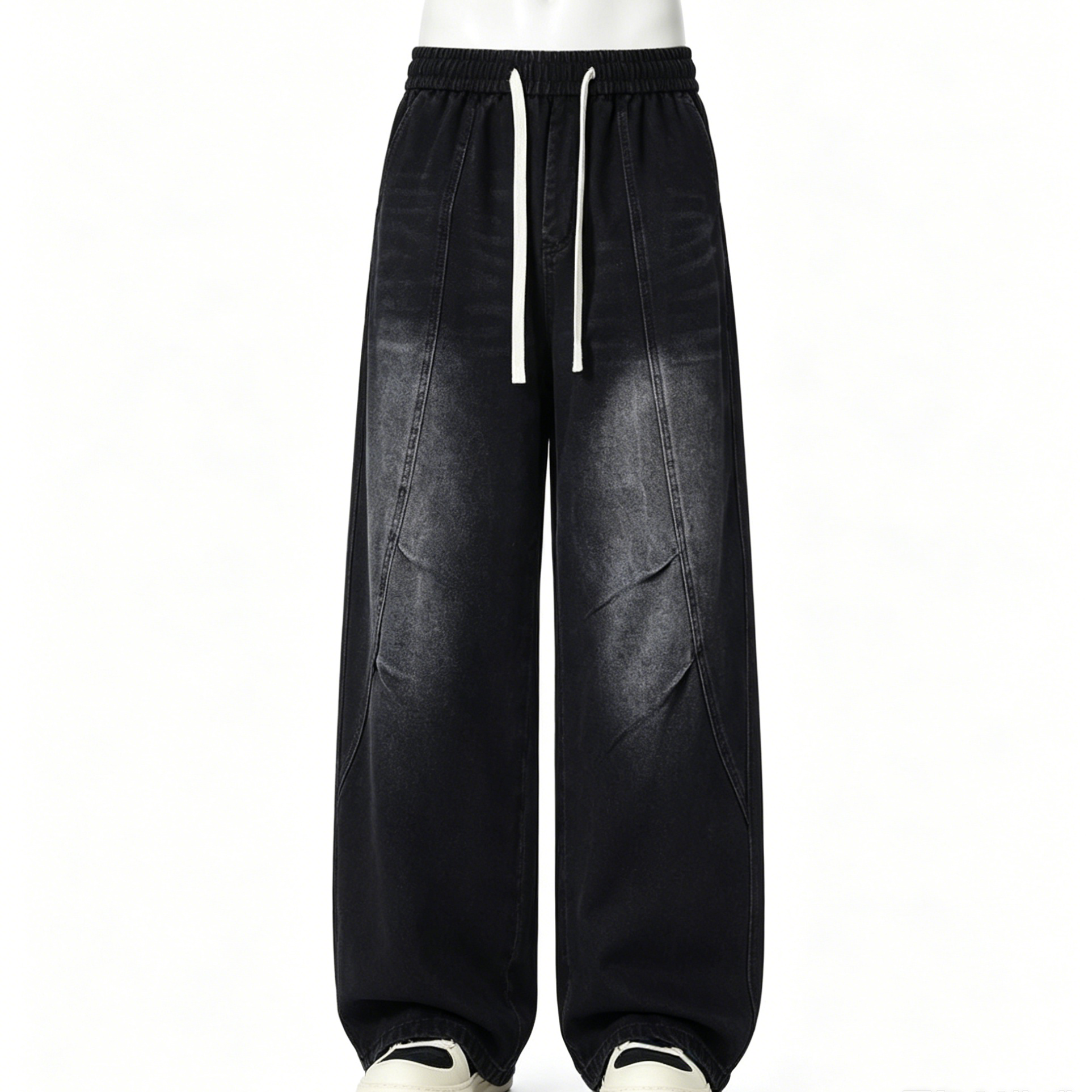 Loose Men's Jeans Washed Drawstring Elastic Waist Jeans Wide Leg