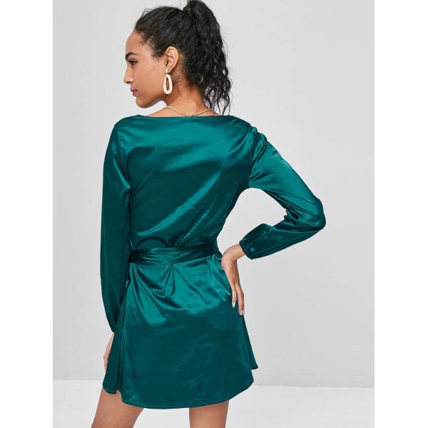 2018 Fashion Fall Clothing Women Satin Wrap Dress Long Sleeve Mini