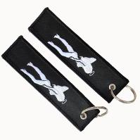 OEM usine Couleur personnalisée Étiquette tissée à double face Twill tissu Broderie Logo de l'aviation Chaîne de clés de bagages