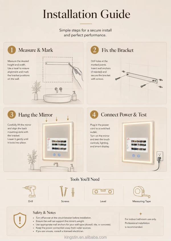 Kingstin Custom Frameless LED TV Bathroom Mirror with 3 Color Temperatures and Defog for Hotels, 