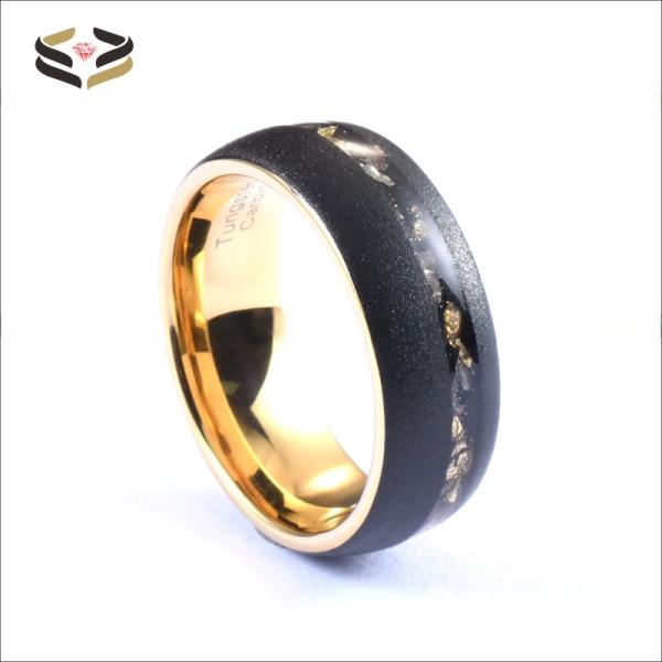 Men Crushed Meteorite Tungsten Ring Sandblasted Gold And Black Gold Foil 8mm