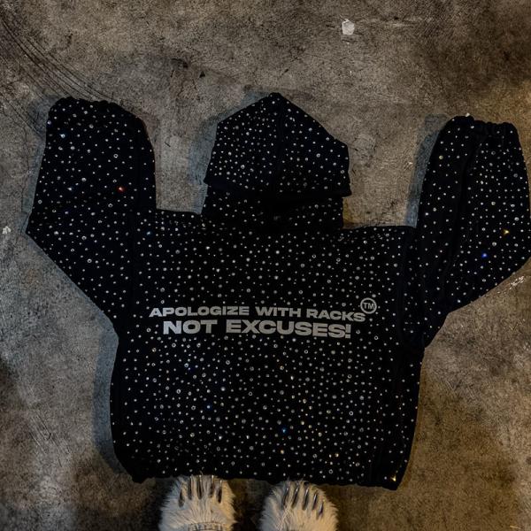 Heavyweight Black Rhinestone Hoodie Streetwear Vintage Distressed Hoodie Windproof