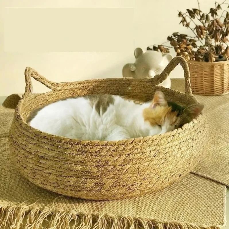 Pure Hand-Woven Rattan Cat Nest Universal Warm Pad for Small Animals Four Seasons Removable Washable Winter Pet Supplies Solid