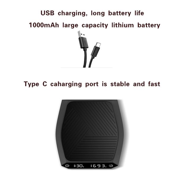 2KG/0.1G Digital Kitchen Scale with USB Charging and High Precision Sensor for Coffee and Baking