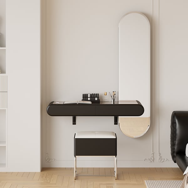 Villa Bedroom Small Black Makeup Vanity Desk With Drawers And LED Lights