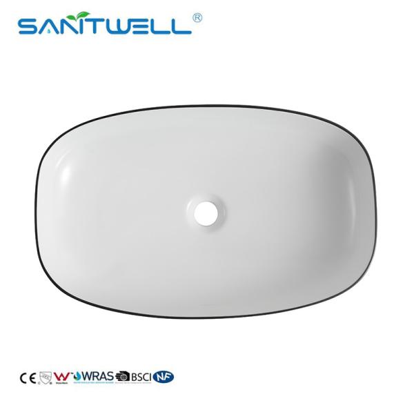 Sanitwell modern design porcelain white counter top ceramic bathroom art basin face hand wash basin sink with gold line