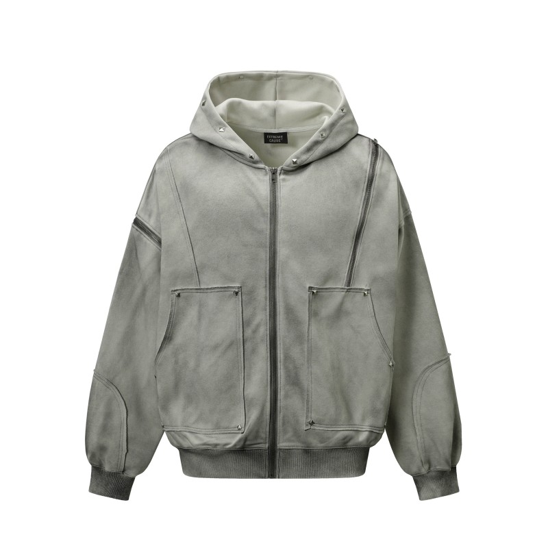 Unisex Winter Fleece Jackets with Pockets Zippers Washed Black/Dark Grey Hoodie Windproof Oversized Fit Vintage Style 3D