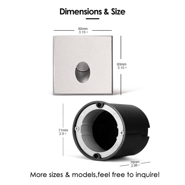 Floor & Wall LED Recessed Light 1W 3W IP65 White 3000K Aluminum Material 80*80MM
