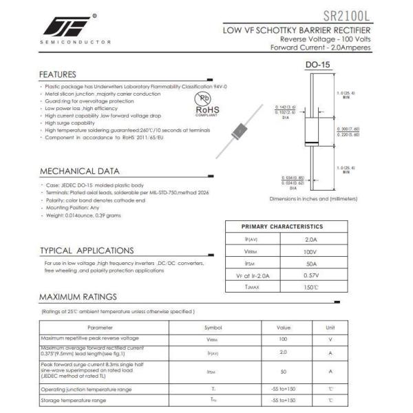 DO-15 Package 2A 100V Low VF Schottky Diode for Through Hole Electronic Devices