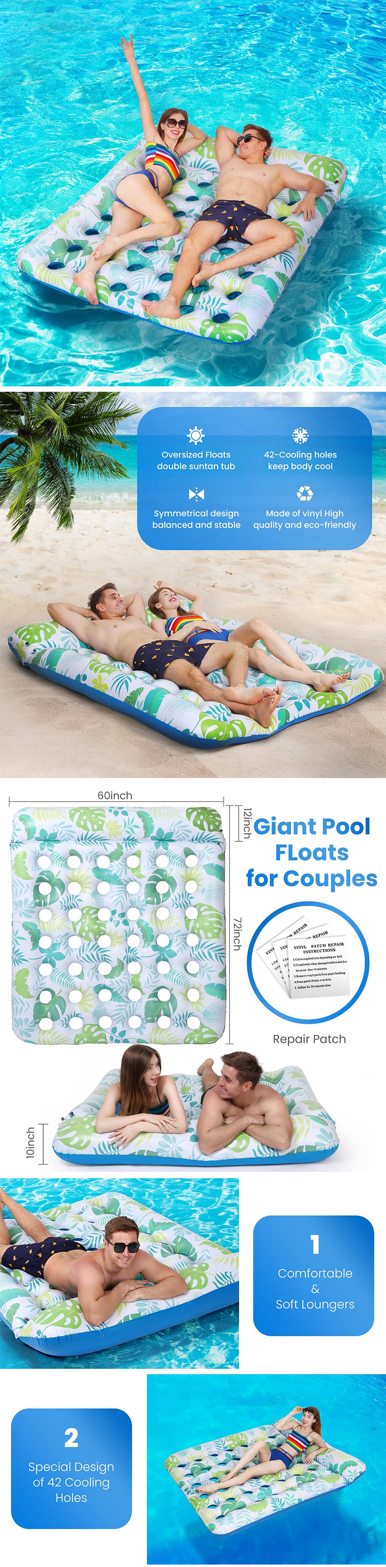 PVC Inflatable Double Hole Floating Raft with Pillow, Customized Hollow Floating Bed, Inflatable Swimming Pool Floating Mat