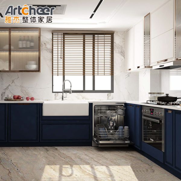 Australian L Shape Kitchen Cabinet with Acrylic Drawer LED Sensor Lighting and Wall Hang Cupboard