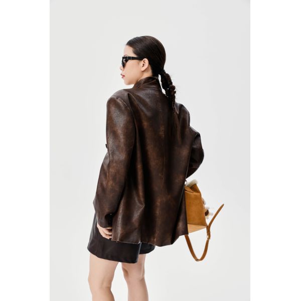 Autumn Style Tie Dye PU Leather Jacket , Dark Brown High Waisted Leather Shorts