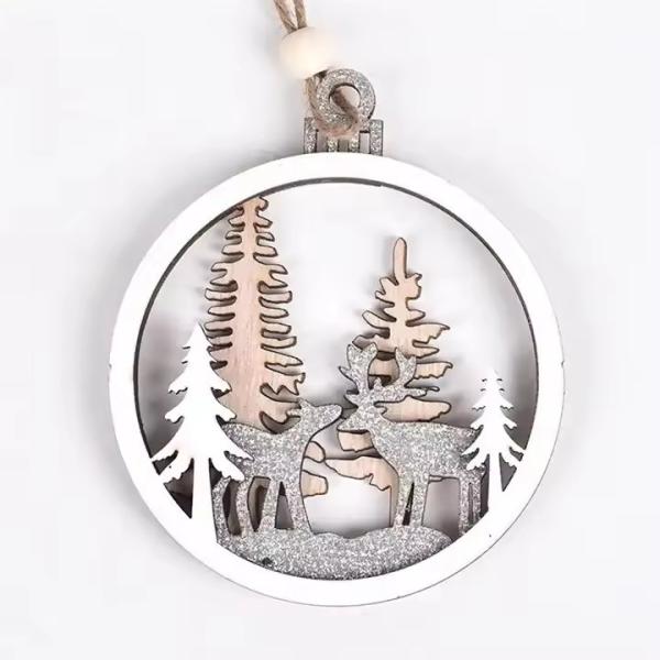 Wooden Christmas tree hanging ornaments create a Christmas family atmosphere