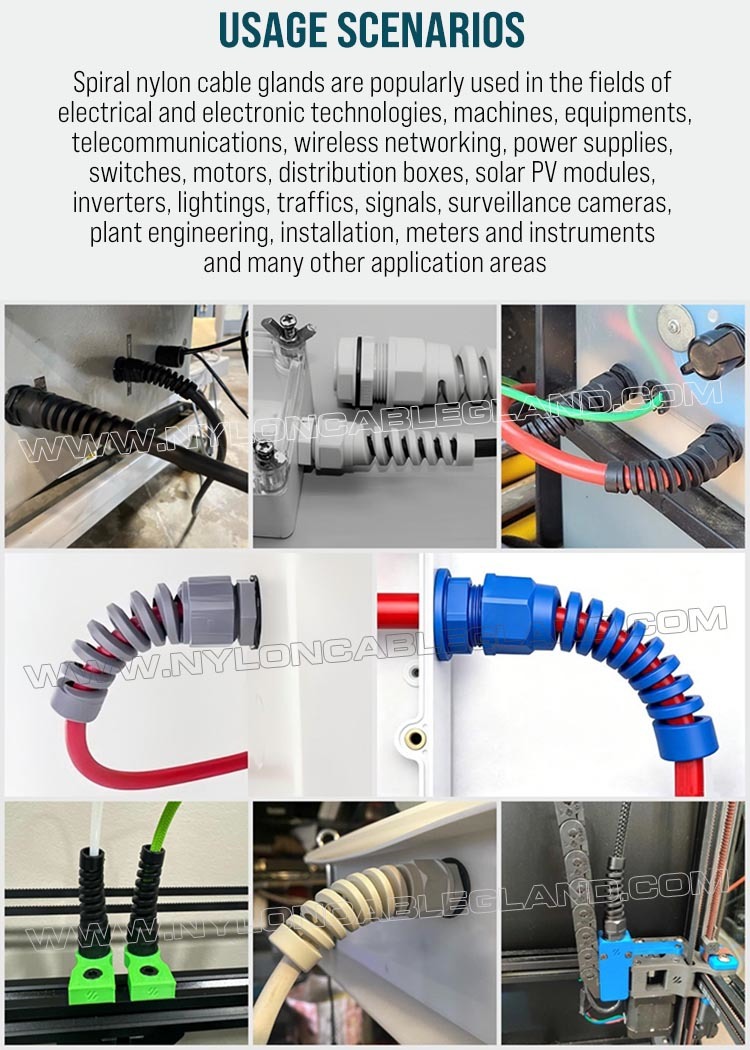 Usage scenarios of colorful spiral nylon polyamide plastic cable glands Colored Strain Relief Cable Gland Nylon 6 (Polyamide 6/PA6), PG13.5 (Ø 6-12mm & 5-9mm), IP68 & IP69K, for Cable Identification & Organization