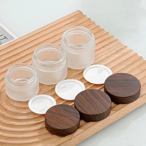5g 10g 15g 30g 50g Empty Frosted Glass Cream Jars Cosmetic Natural Wood  Containers for Eye Cream Face Mask