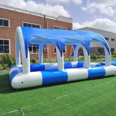 Blue and White Inflatable Covered Pool with Arched Sunshade Canopy Reinforced Airtight Frame and Custom Size for Outdoor Events