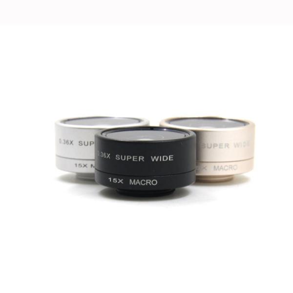 0.36X Cell Phone Wide Angle Lens 15X 2 In 1 Lens Black Silver Champagne