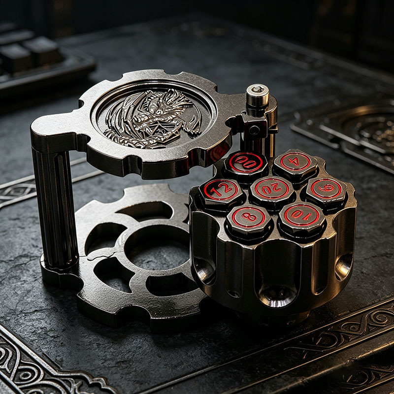 Luxury Revolver Metal Dice Spinner with Dragon Relief Craftsmanship Heavyweight Zinc Alloy Construction and Sliding Hidden Compartment