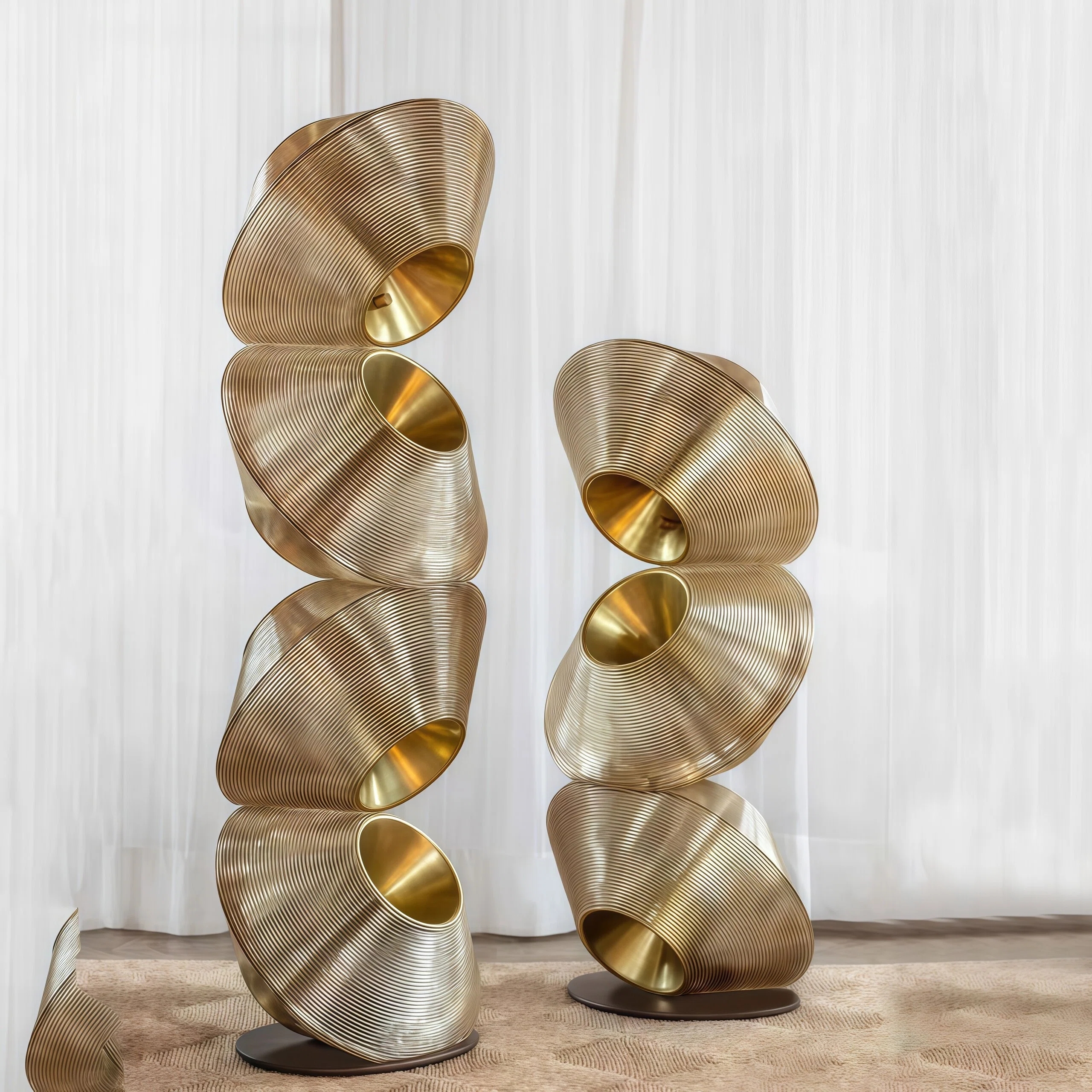 JYLIGHTING Modern Stacked Ribbed Brass & Polycarbonate Sculpture Floor Lamp, Abstract Rotatable Shade Standing Light for Villa & Exhibition Hall