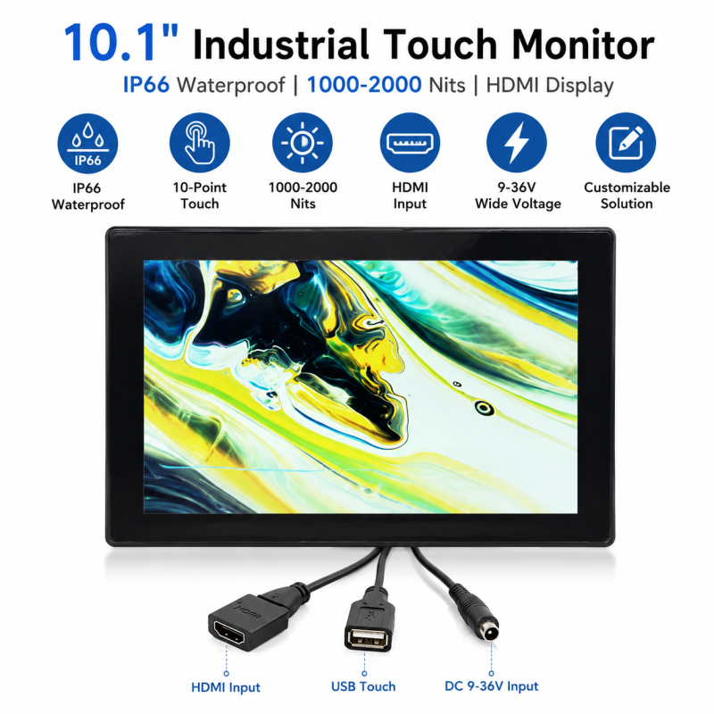 10.1 Inch Industrial Touch Monitor IP66 Waterproof High Brightness 1000-2000 Nits HDMI LCD Display