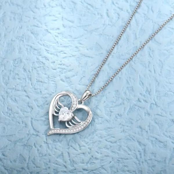 YASVITTI 925 Sterling Silver Heart Topaz & Cubic Zirconia Angel Wing Pendant Necklace Romantic Jewelry for Women