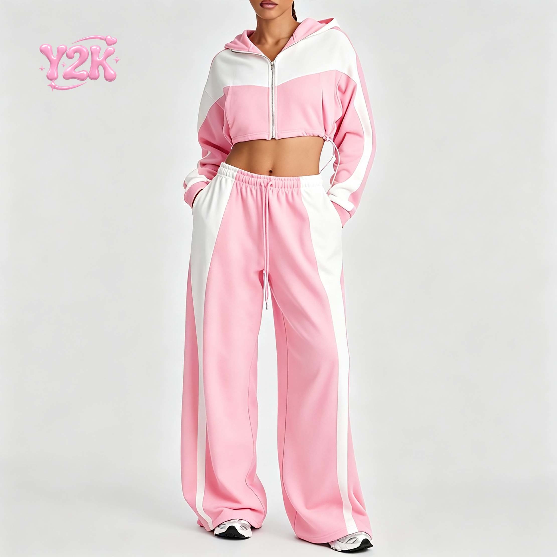 Custom Women's Color Block Cropped Hoodie Wide Leg Pants Set