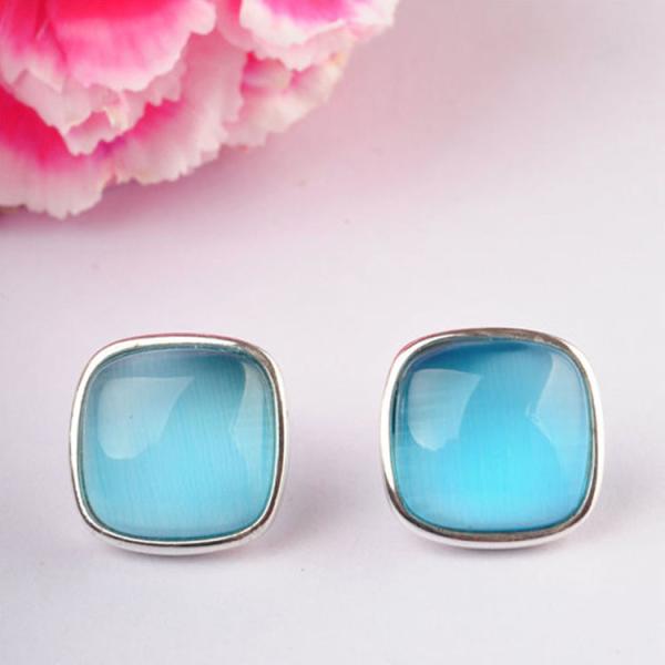 Sterling 925 Silver Square Created Blue Opal Stud Earrings (E12283BLUE)
