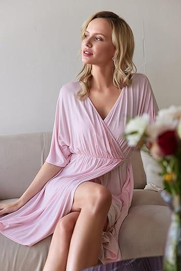 Comfortable Pink Maternity Dress Breathable Sleepwear For Breastfeeding