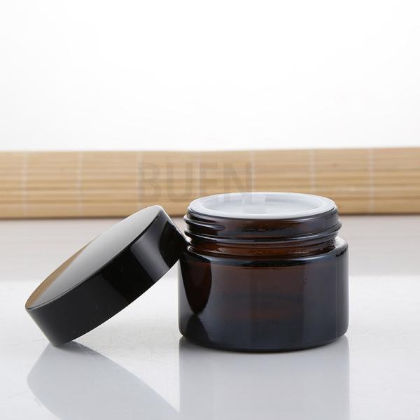 Cylinder Amber Face Cream Glass Cosmetic Jars With Black Lid ISO90001