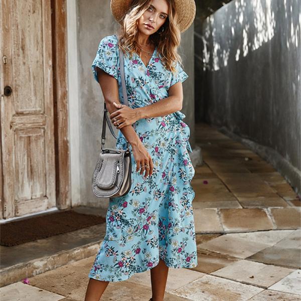 Printed Ladies Maxi Dress Polyester S Xl Short Sleeve Party Casual V Neck