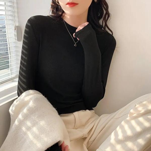                  2023 Long-Sleeved Tight T-Shirt Spring and Autumn Thread Cotton Solid Color Suit Inside Take Half High Neck Women′s Top T-Shirt             