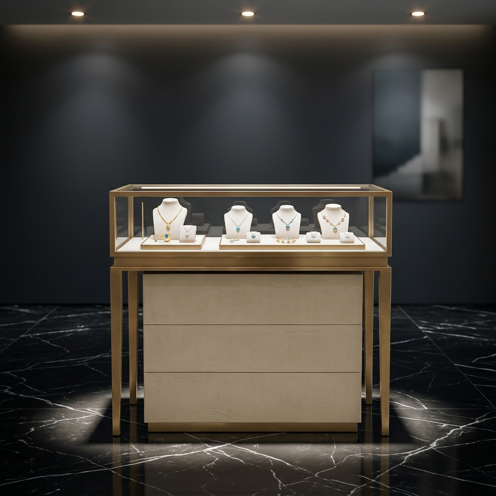 Modern Jewelry Showcase with Tempered Glass Display Case Storage Drawers and Eco-Friendly Island Display Unit