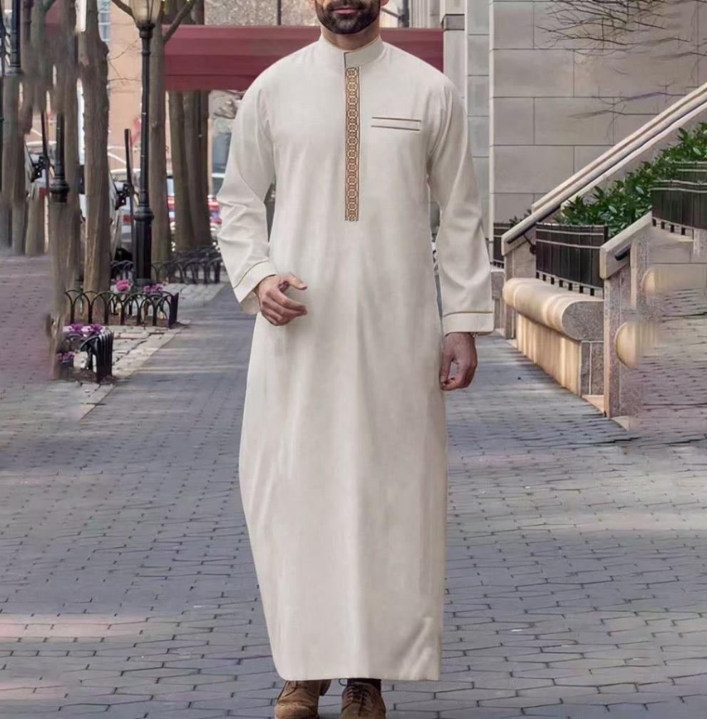 KM001 Middle Eastern Men's Embroidered Thobe / Jubba (Black With Gold Embroidery)