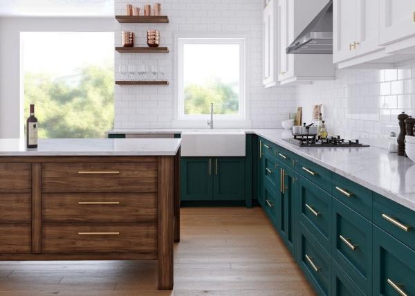 White kitchen green cabinets furniture from Foshan supplier white quartz stone countertop and base dishwasher