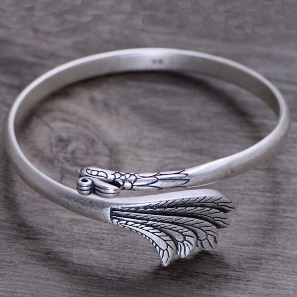 Handcraft Engraved Peafowl Design Sterling Silver Cuff Bracelet for Women (000020)