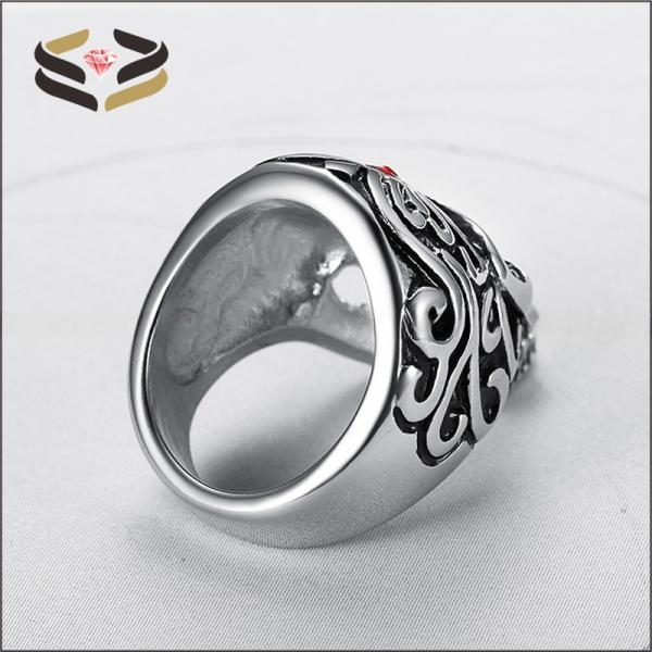 Vintage Flower Carved Stainless Steel Men's Ring with Red Crystal Eye and Halloween Party Accessory