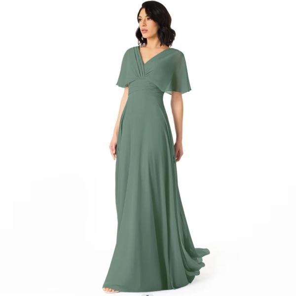 Vintage Elegant A-Line V-Neck Pleated Chiffon Floor-Length Bridesmaid Dress V-back Short Sleeves Pleated