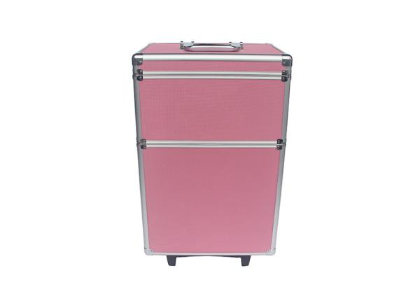 Pink Aluminum Makeup Trolley Case Rolling Aluminum Cosmetic Case