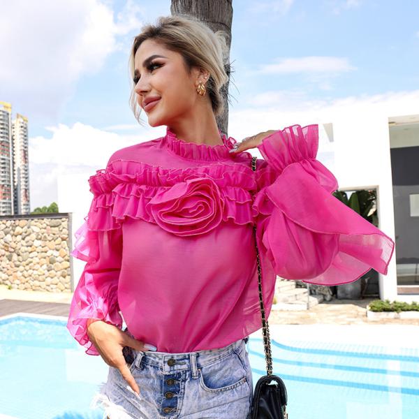 Lantern Sleeved High Neck Flared Blouse Chic Black High Waisted Lace Tops With Stand Collar For Women