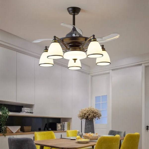 Luxury Ceiling Fan Light Remote LED Electric Fan Light with glass lampshade metal Stealth Fan Light (WH-VLL-28)