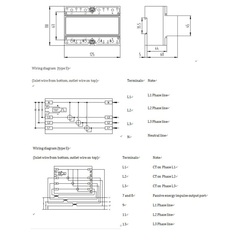 3 Phase 4 Wire Energy Meter XTM1250SA-U Series DIN Rail Type Digital KWH Meter 3*10(40)A 380V