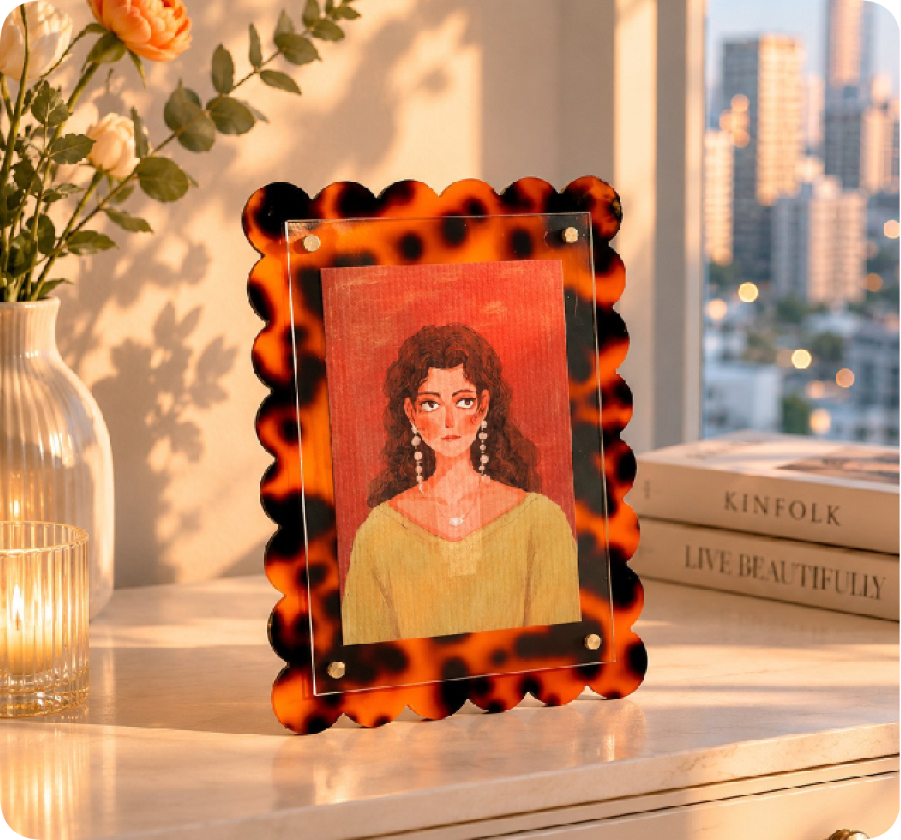Tortoiseshell Scalloped Wavy Edge Acrylic Magnetic Photo Frame, Double Clear