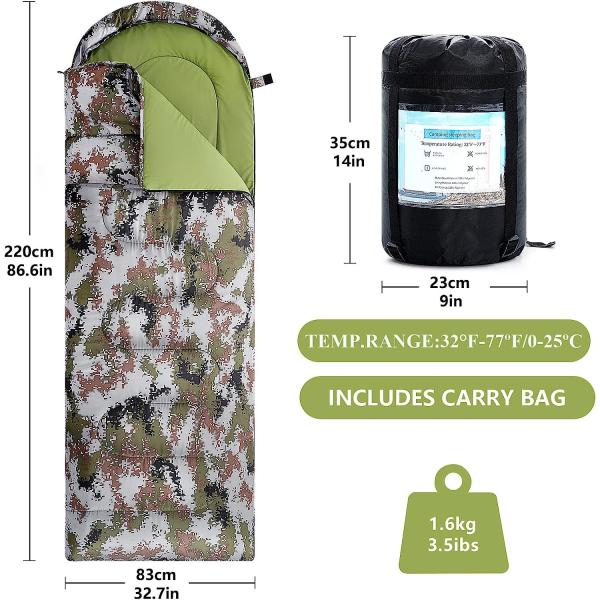 Camouflage Camping Sleeping Bag, Adults & Kids Seasons Warm Cold Weather Hiking Camping Indoor Outdoor Use
