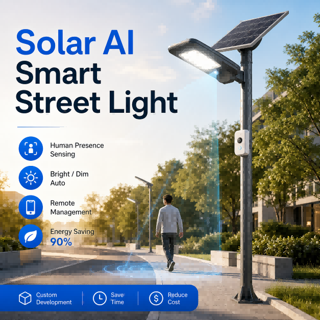 Solar AI Smart Street Light Human Presence Bright Dim Remote Management Energy Saving 90 Percent