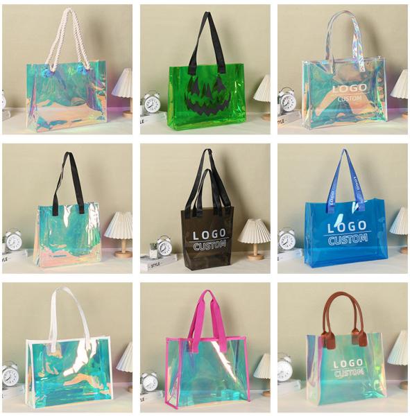 Custom Logo Eco-Friendly Recycle Iridescent Hologram Colorful Pvc Plastic Beach Bag TPU Handle Holographic Tote Shopping Bag