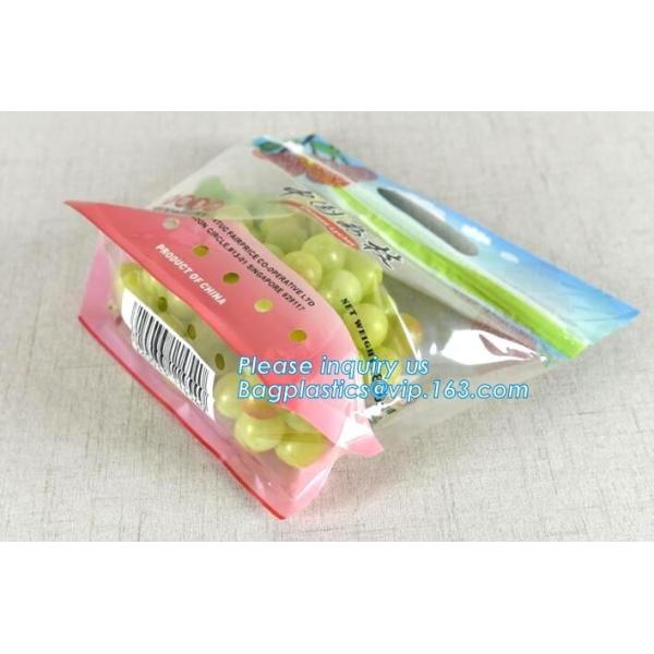 Promotional popular plastic reusable slider zipper food bags, slider ziplock perforated fresh grape packaging bag, fruit