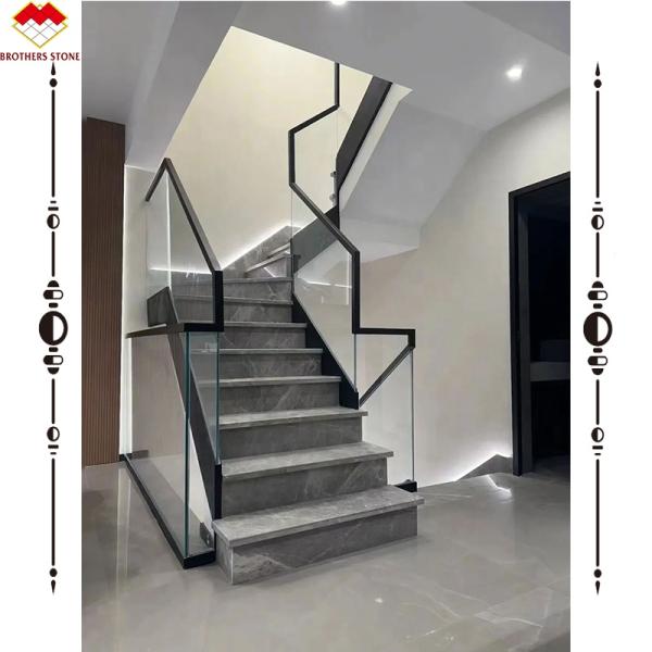 Grey Marble Stair Treads And Risers With Polished Finish For Interior Straight Stairs