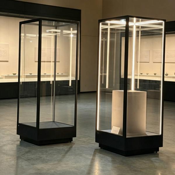 Glass Panel Metal Frame Freestanding Display Cabinet Museum Display Cabinet With LED Lamp
